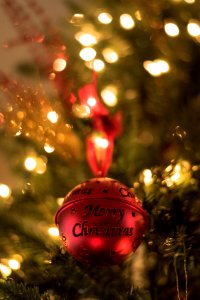 red Christmas bell on Christmas tree photo