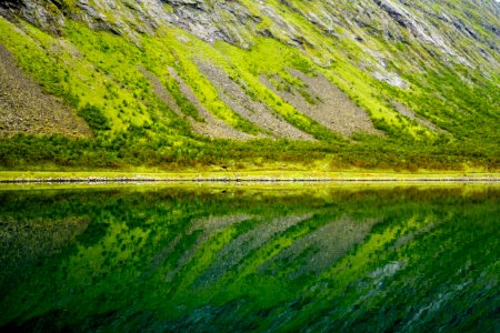 reflection of sloping land on still water