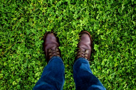 person in blue jeans and wearing pair of brown leather dress shoes standing on green grass