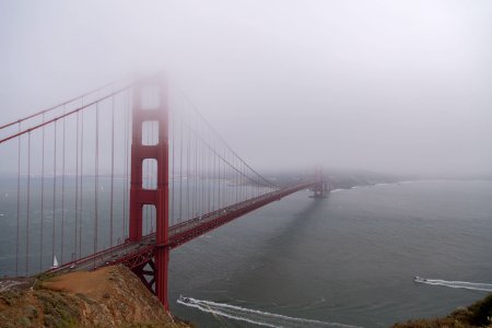 Golden Gate bridge covered with fog photo