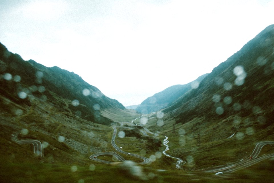 top view of road in between mountains