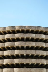 The concrete exterior of a multi-story parking lot photo