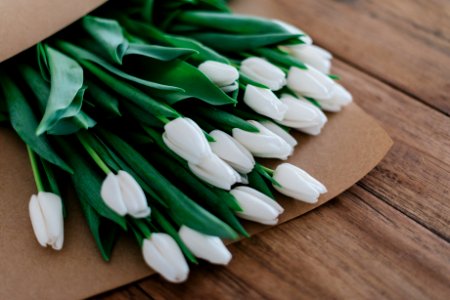 close-up photography of white petaled flower bouquet on brown wooden table photo