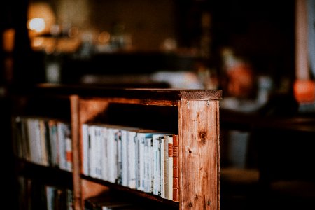 brown wooden book shelf with books photo