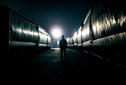 silhouette of man standing beside train photo