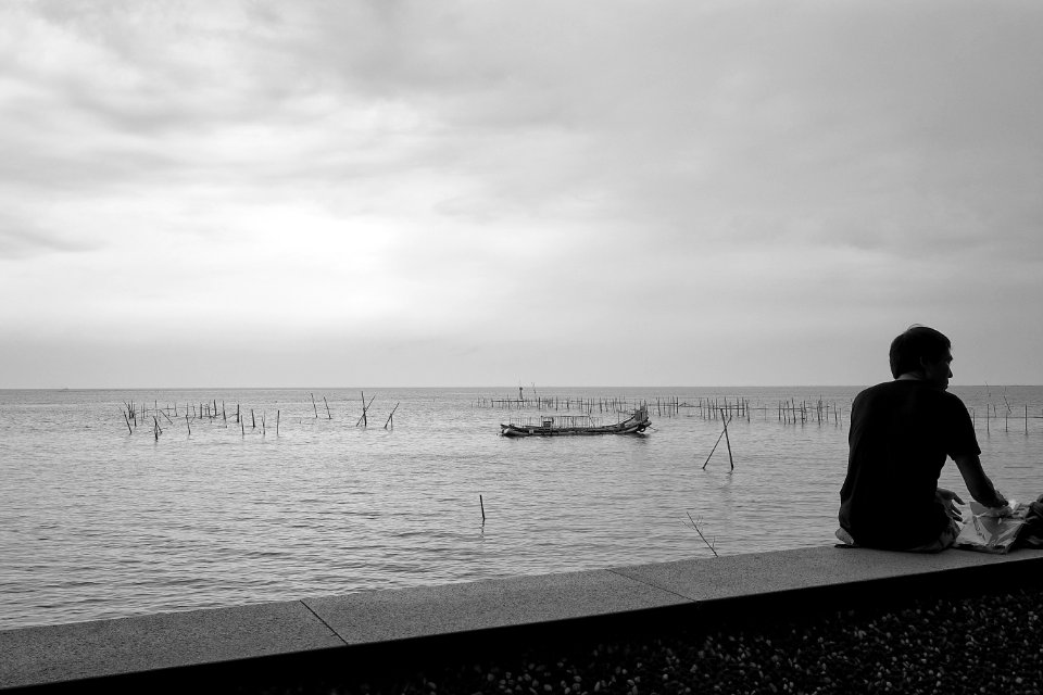 Black  white, Man, Boat