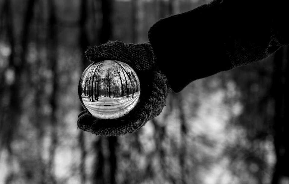 person holding clear crystal ball grayscale photography