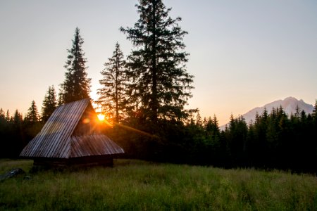 brown house near pine trees during sunset landscape photography photo