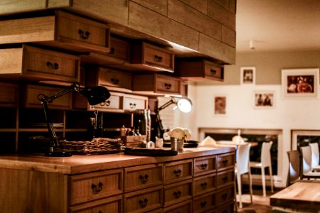 black and brown steam punk lamps on brown sideboard