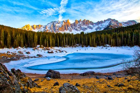 pine trees near body of water under white and blue sky photo