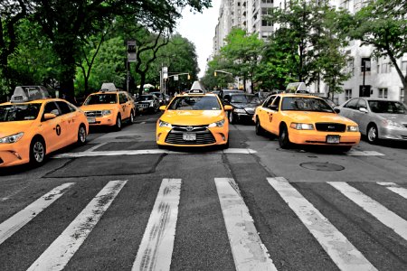 four yellow cars on gray road photo