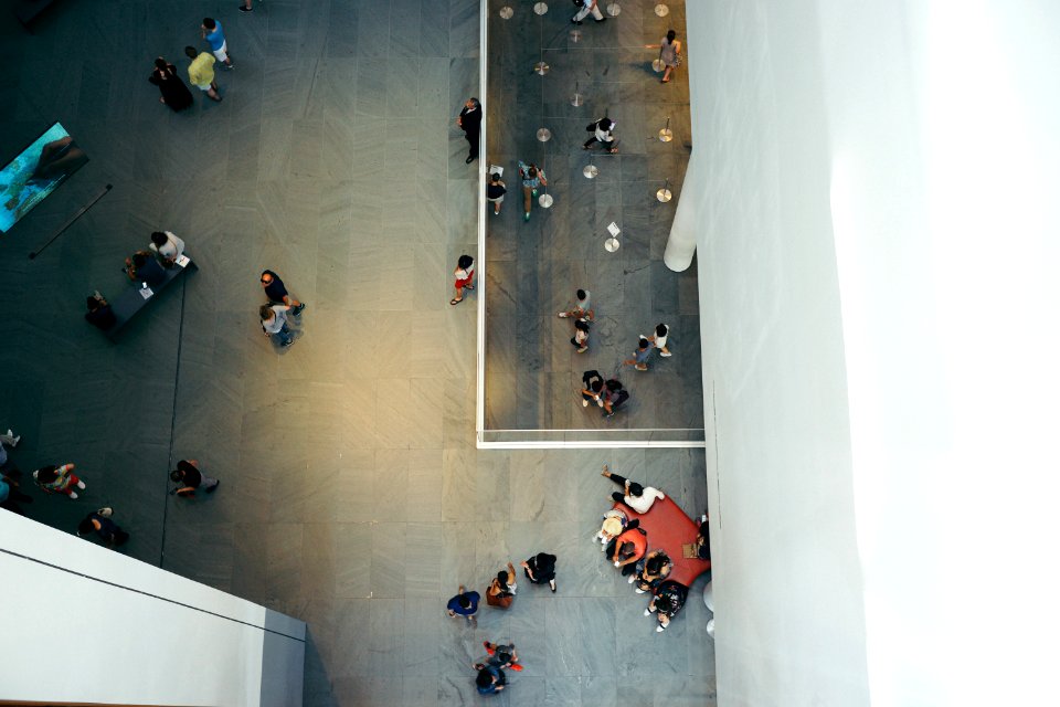 top-view photography of people beside white concrete building