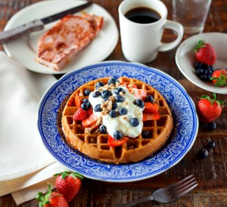 waffle pancake on blue ceramic plate photo