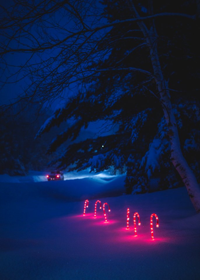 lighted candy cane and surrounded by snow