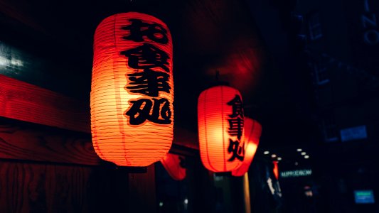 close-up photography of two orange paper lanterns with kanji script photo