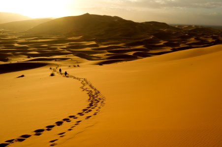 people walking on desert during sunset photo