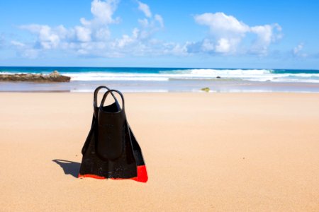 pair of black-and-red flippers on seashore photo