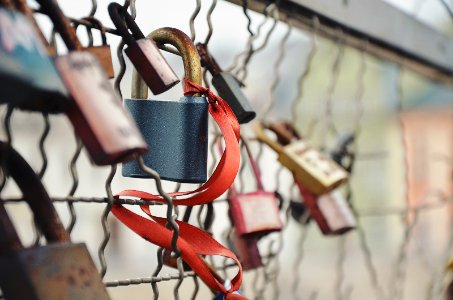 selective focus photography of padlock on chain link fence photo