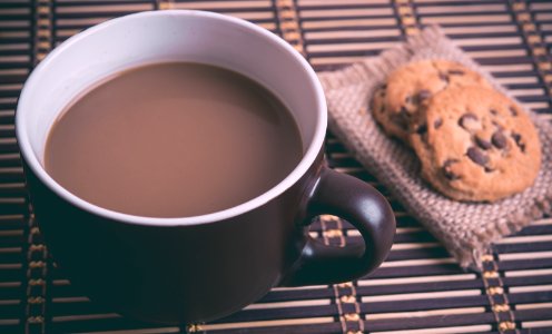 white and brown ceramic cup with coffee near cookies photo