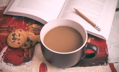 beverage filled mug beside cookie and book photo