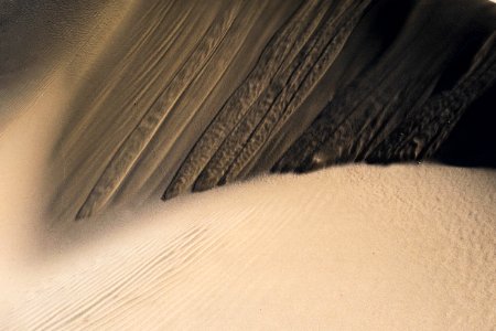 Macro shot of wavy texture and wind patterns in the sand photo