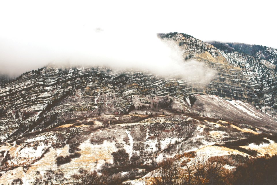 aerial view of snow field mountain