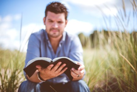 man reading book in grass field photo