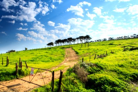 green grass field with gate under blue sky and white clouds during daytime photo