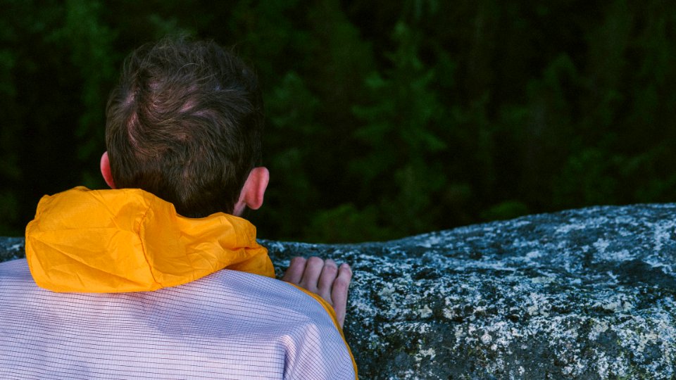 man looking down on forest photo