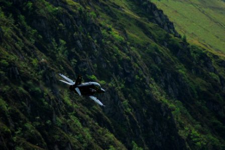black airliner in flight above green mountains photo