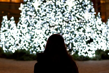 woman facing on Christmas tree photo