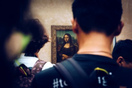 men in front of Mona Lisa painting photo