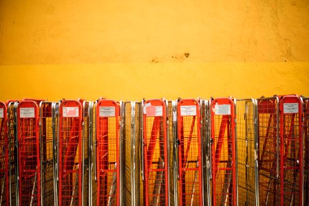 gray stainless steel and red carts