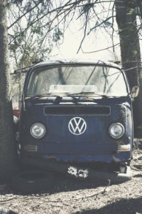 blue volkswagen t-2 parked beside bare tree during daytime photo