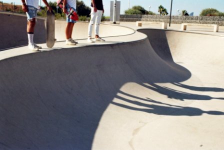 three skaters standing on skateboard concrete ramp with shadow at daytime photo