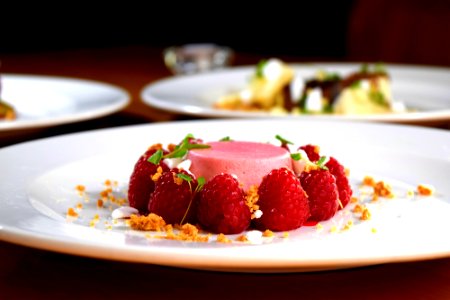 desert with red berries on plate photo