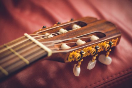 macro shot photography of brown classical guitar headstock photo