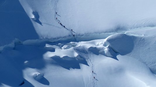 aerial photography of group of people trekking on snow photo