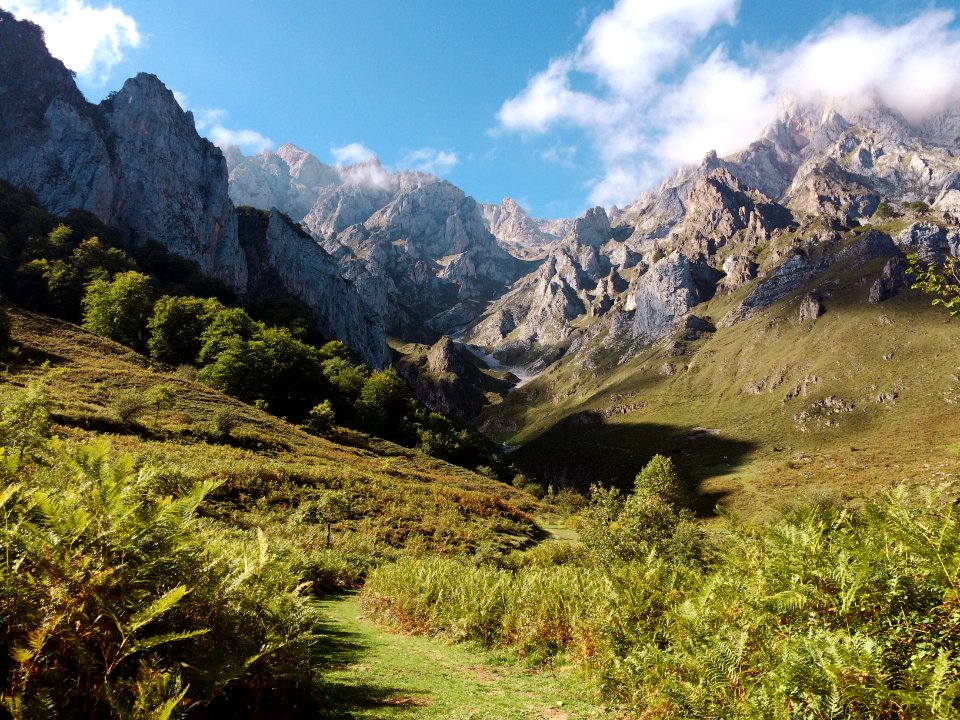 mountain range with green grassy mountainside photo