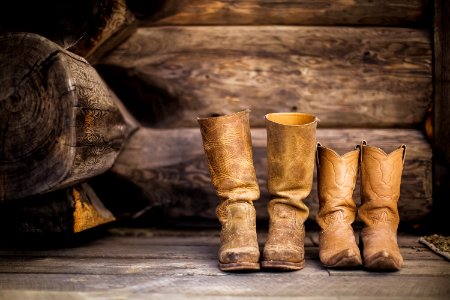 two pair of brown leather cowboy boots near brown log photo