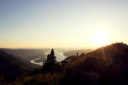 photo of green trees, grass, and lake at sunrise photo