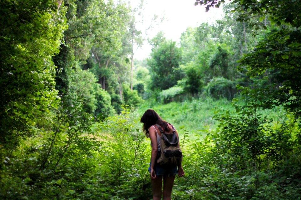 woman with backpack near green trees