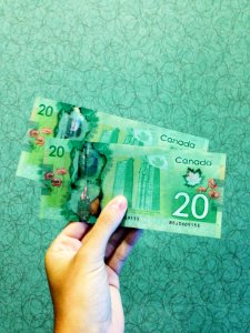 person holding two 20 Canadian dollar banknotes photo
