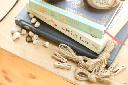 assorted title books near clothes pin and rope photo