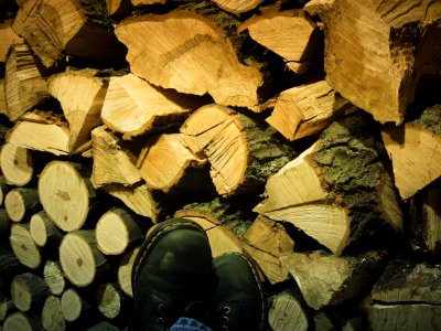 Dr martens boots on wood pile, Shawinigan, Canada photo