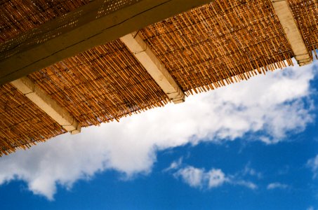 brown straw roof with brown wooden exposed beams under blue sky and white clouds at daytime photo
