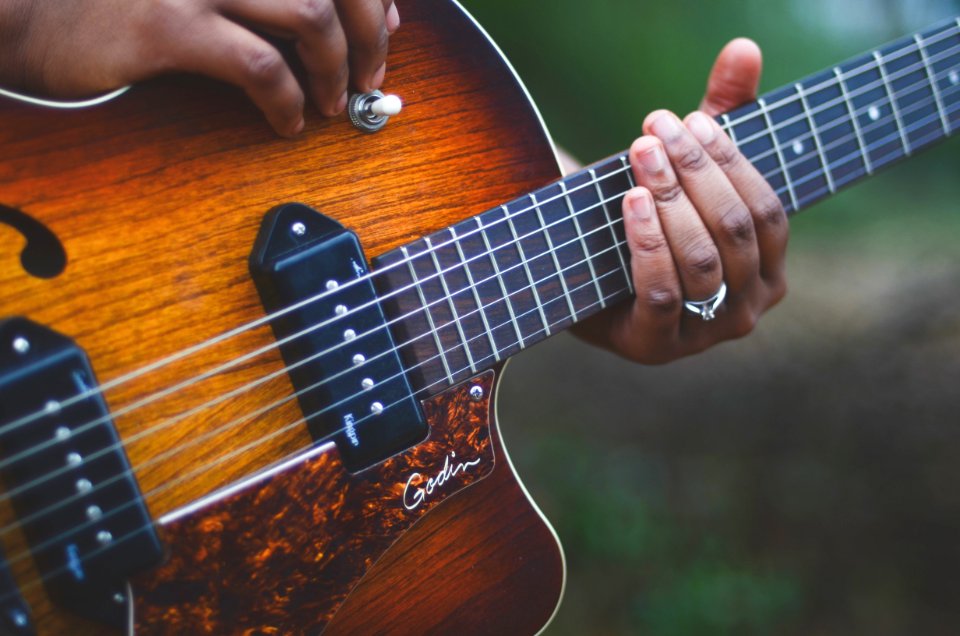 yellow and brown electric guitar photo