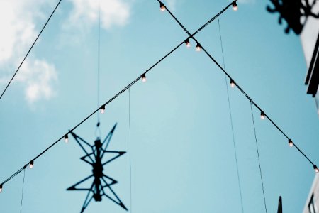 black hanging decor and string lights