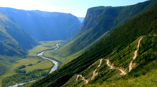 aerial photography of river between green mountains photo