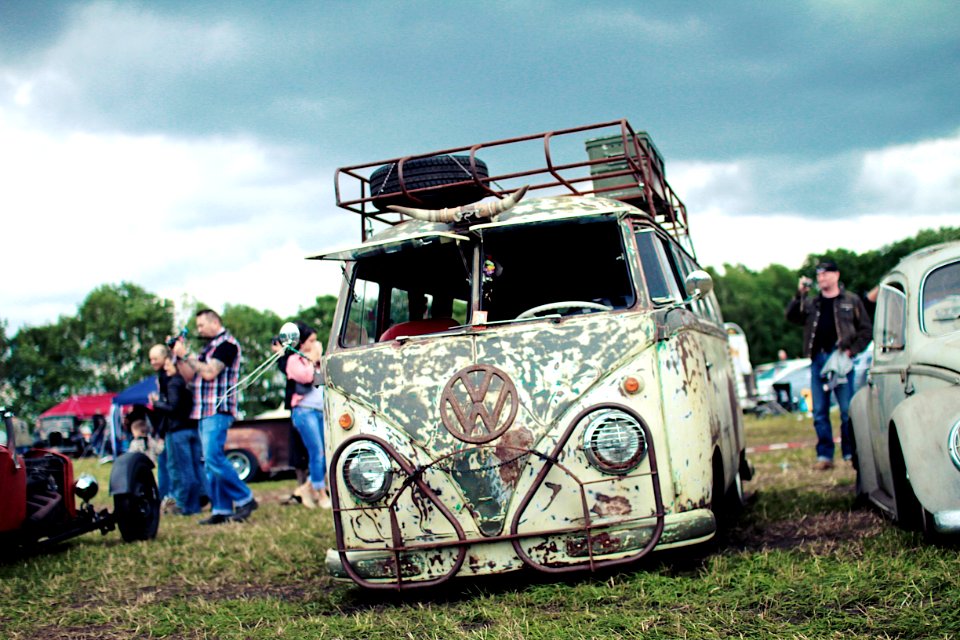 group of people near Volkswagen T1 on green grass field